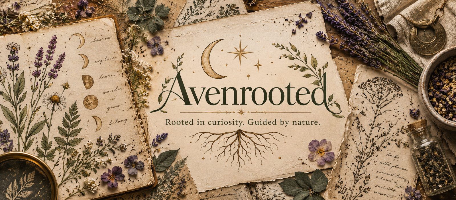 Avenrooted banner — a botanical flat-lay with the Avenrooted logo, herbs, and moon-phase journal pages