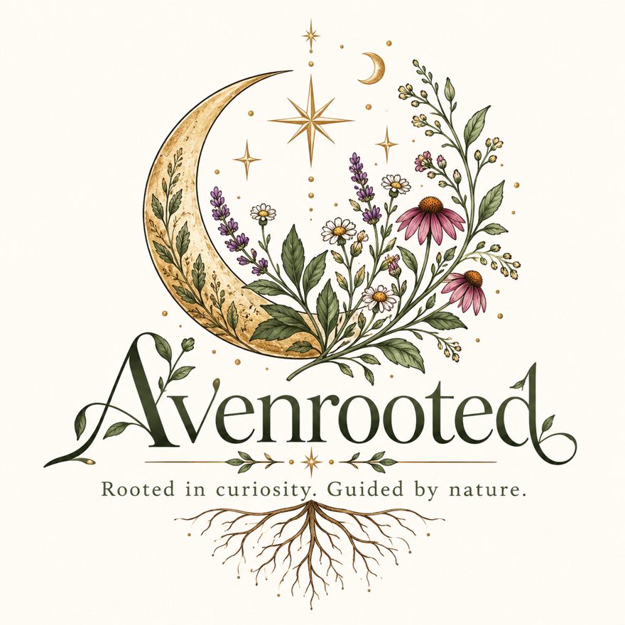 Avenrooted logo — a gold crescent moon cupping lavender, echinacea, and chamomile above roots, with the tagline Rooted in curiosity. Guided by nature.