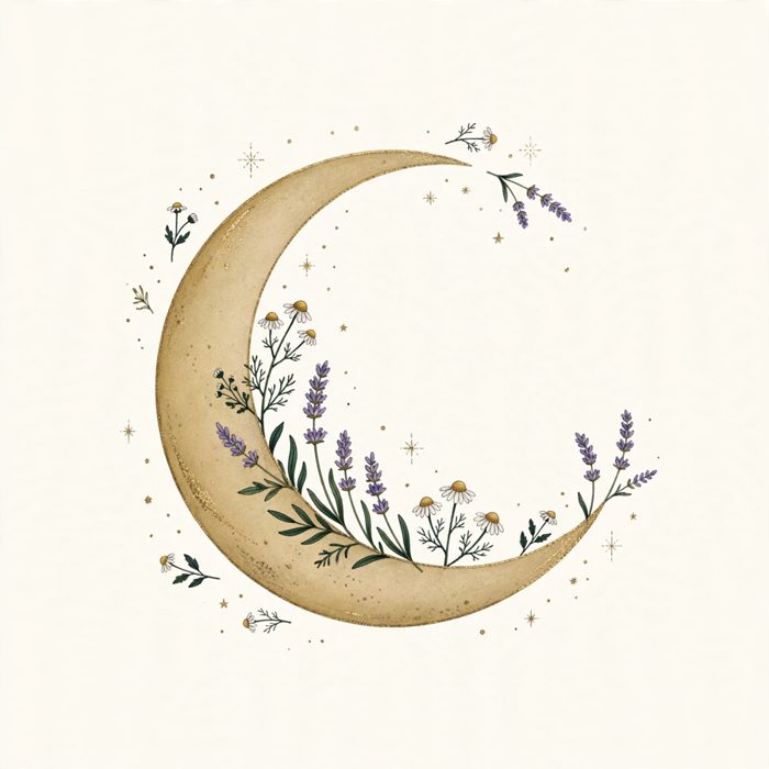A gold crescent moon cradling lavender and chamomile sprigs, surrounded by tiny stars