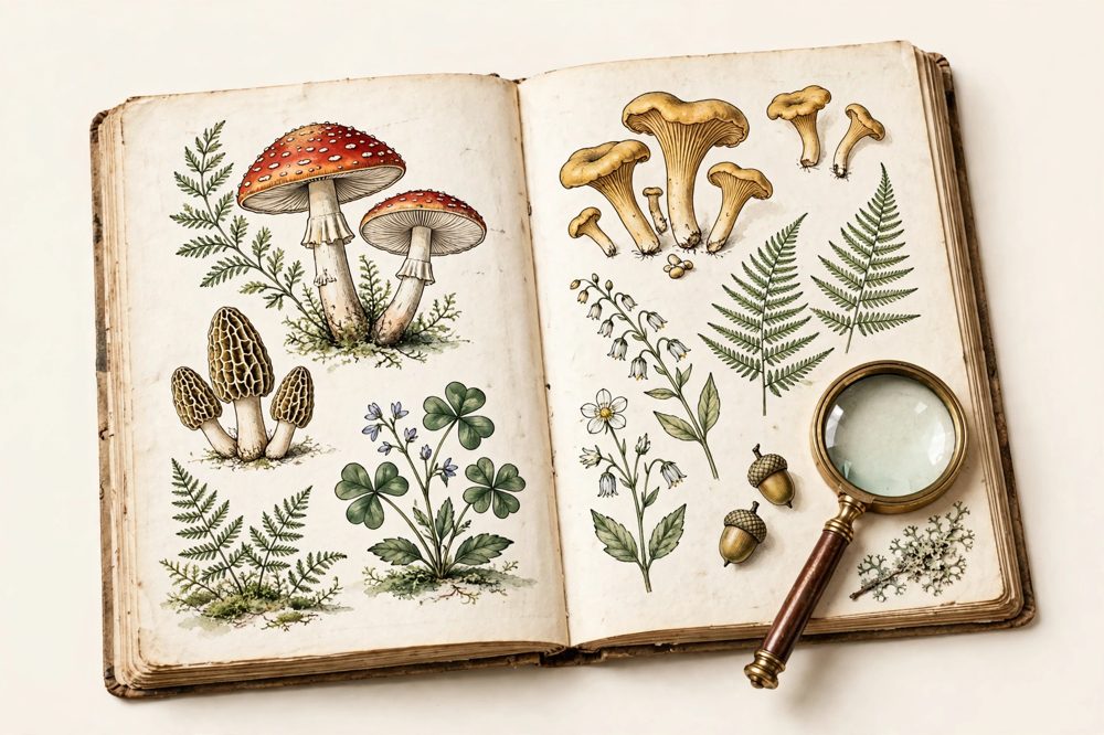 Plate of an open field journal with mushroom studies and a brass magnifying glass