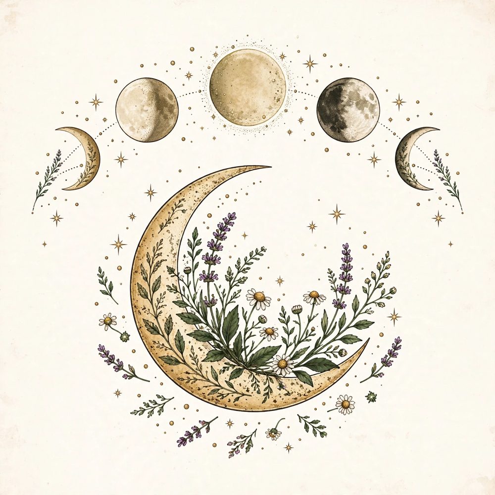 Celestial plate of moon phases arcing over a golden crescent moon cradling lavender and chamomile