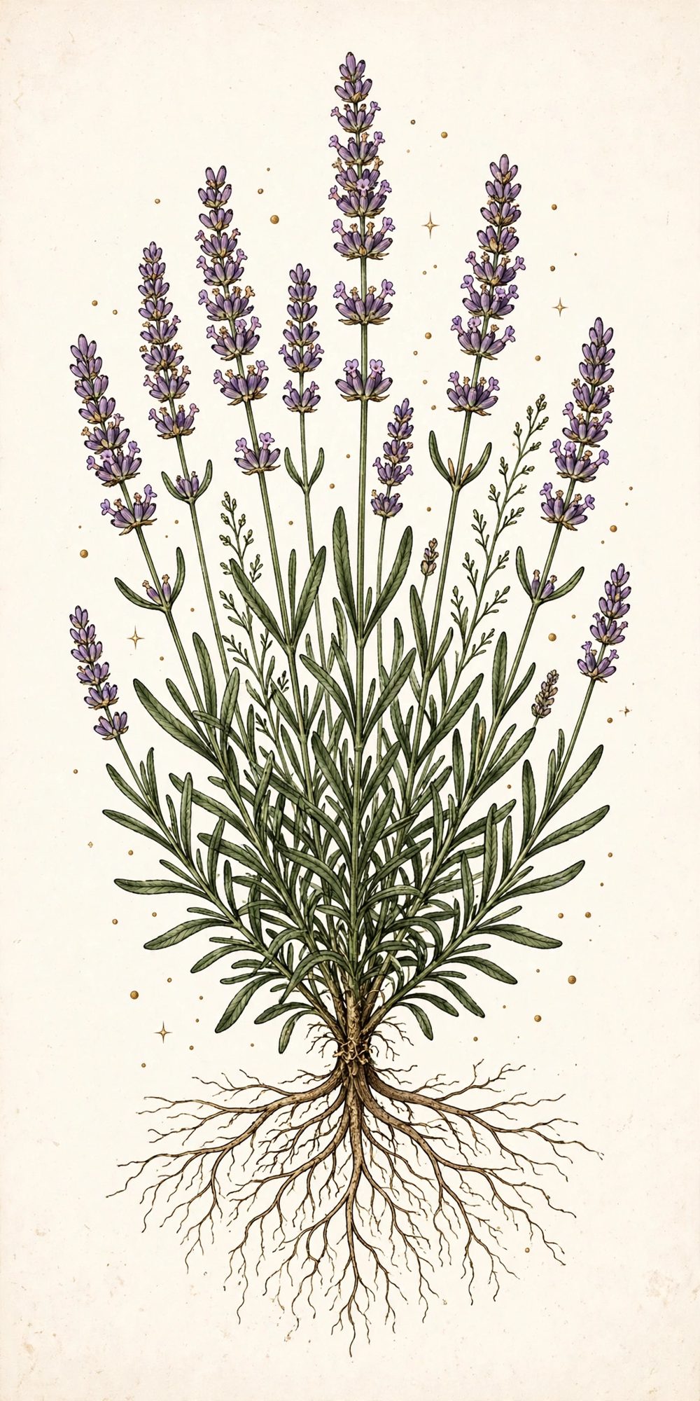 Botanical plate of a lavender plant shown whole, with its full root system below