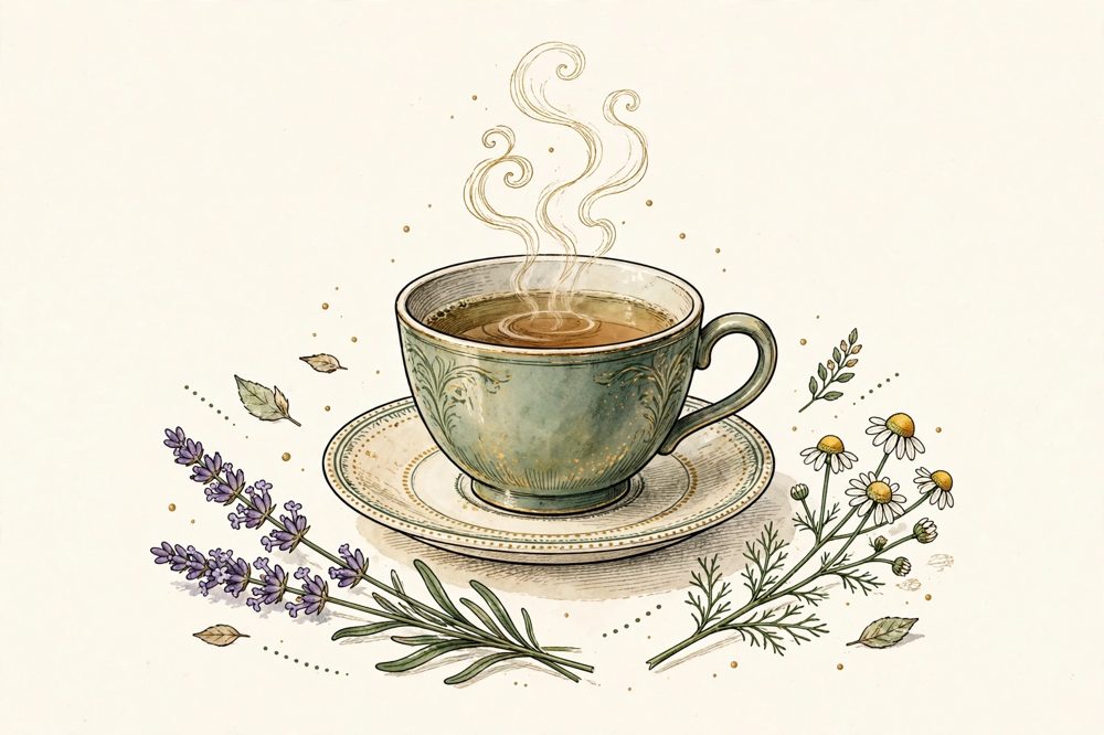 Plate of a steaming cup of herbal tea on a saucer, with lavender and chamomile sprigs resting beside it