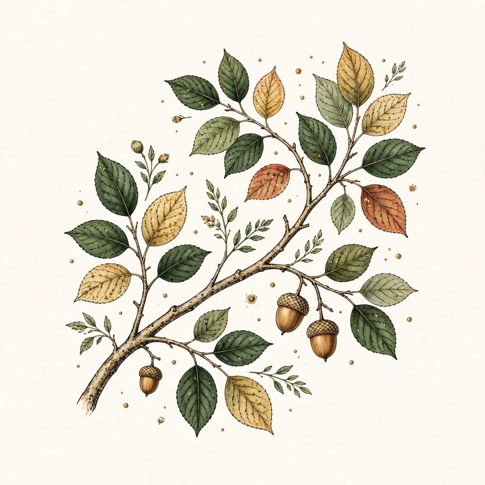 Botanical plate of a branch with leaves turning green, gold, and russet, with acorns