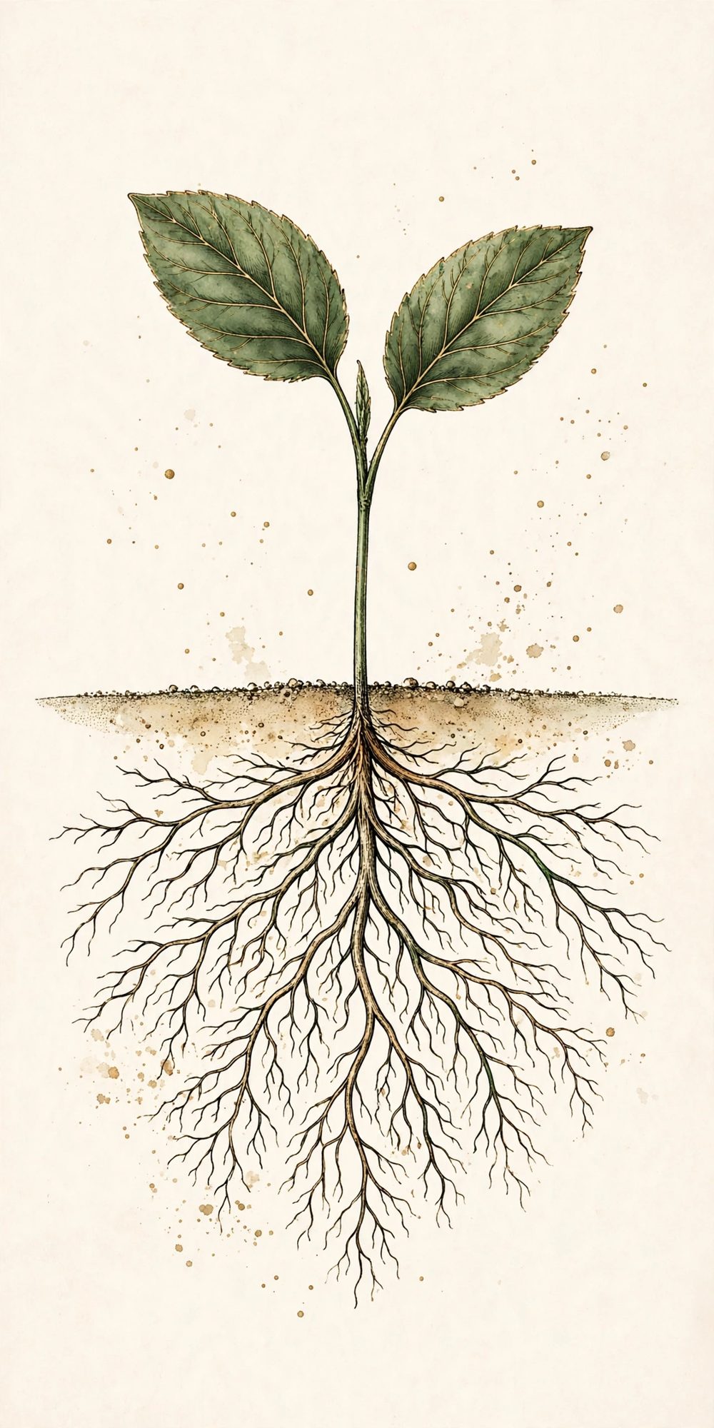 Botanical plate of a young seedling with a full root system below the soil line